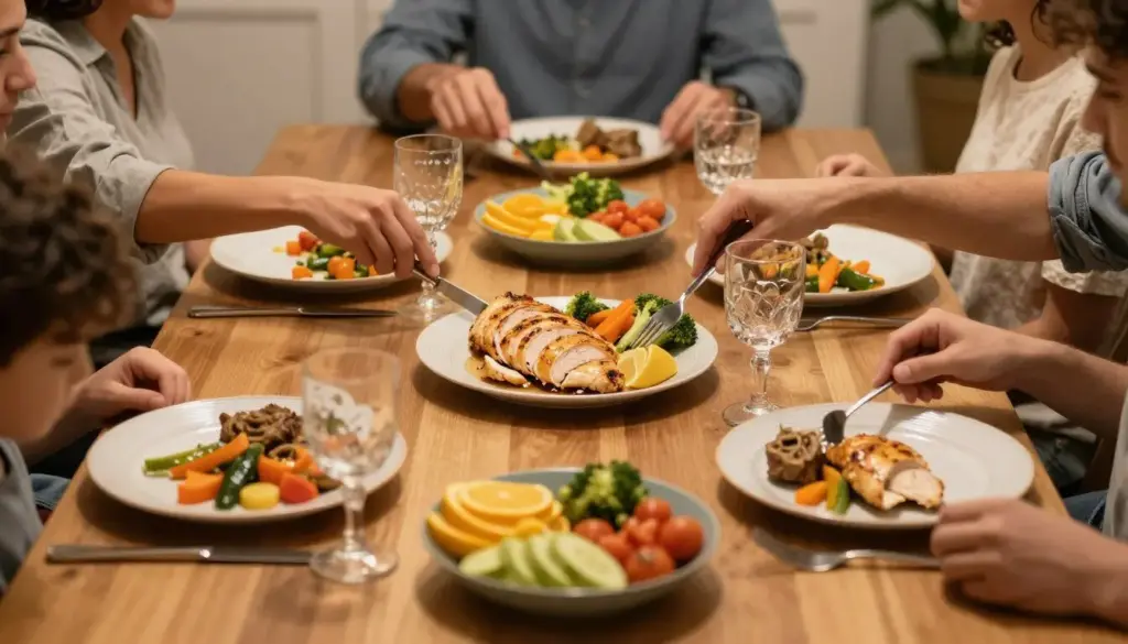 Family dinner table with plated baked chicken breast meals