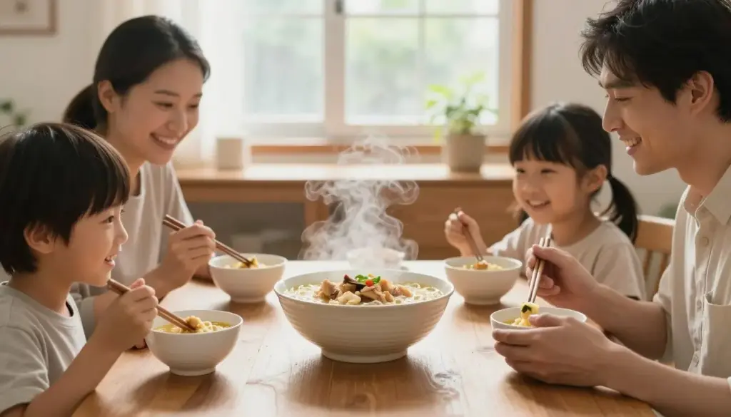 Family enjoying ginger garlic chicken noodle soup together at dining table, warm and inviting atmosphere