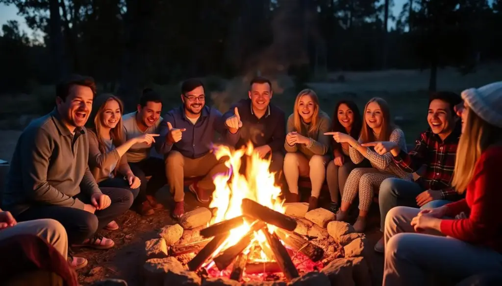 Family gathered around campfire with blue flames during evening gender reveal