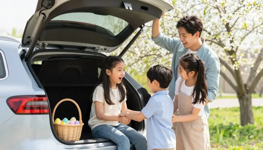 Family packing car for Easter weekend trip