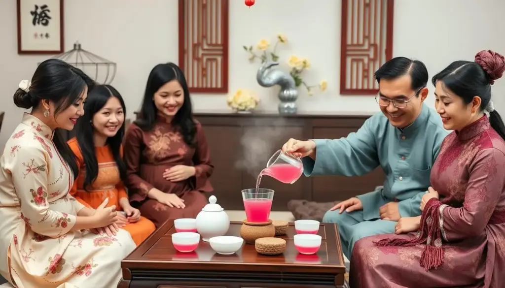 Family participating in tea ceremony with pink tea for gender reveal