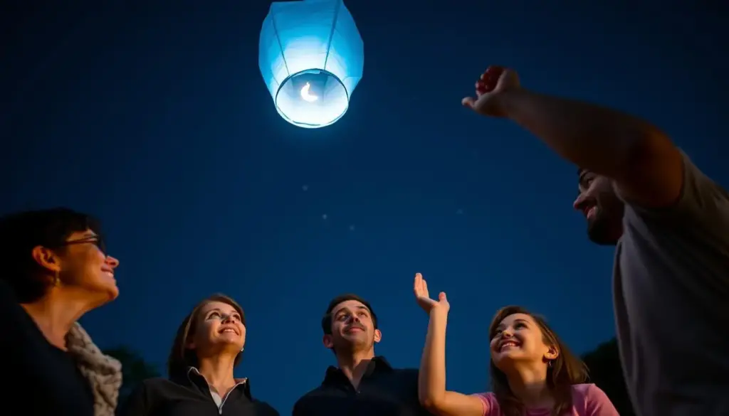 Family releasing blue paper lantern into night sky for gender reveal
