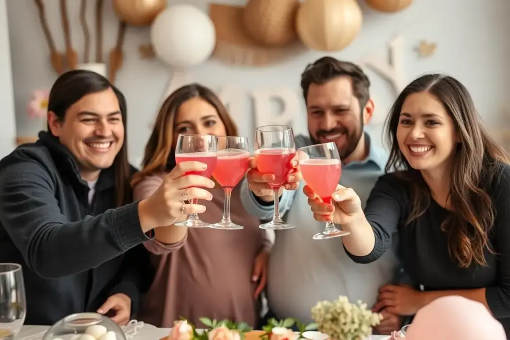 Family toasting with pink drinks in glasses during gender reveal