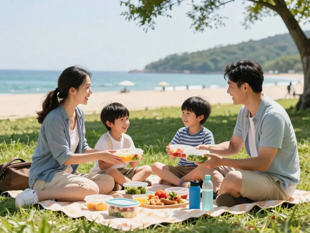 Family vacation tips showing budget-friendly picnic lunch at park during vacation