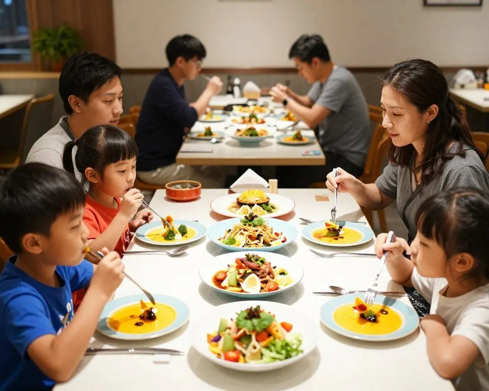 Family vacation tips showing kids trying new local foods together