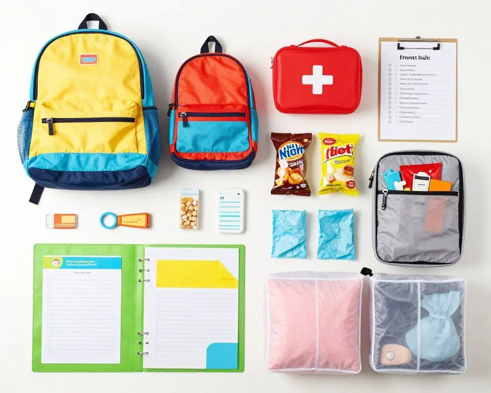 Family vacation tips showing organized packing with labeled bags and travel essentials