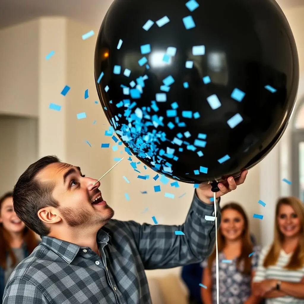 Father popping a black balloon with blue confetti indoors