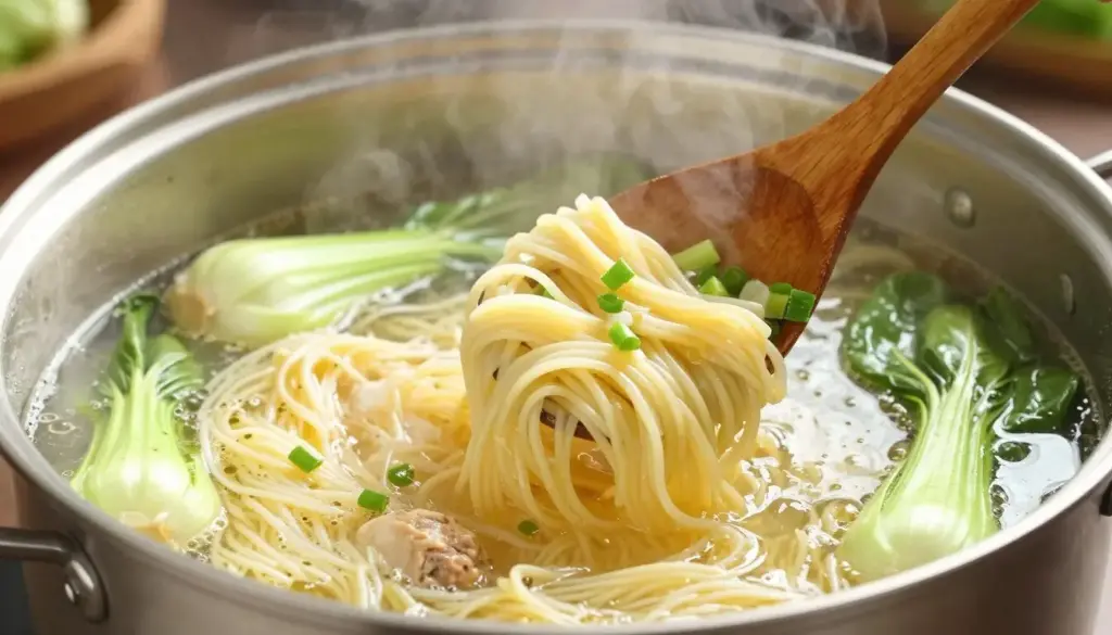 Final stage of cooking ginger garlic chicken noodle soup with noodles and bok choy being added to the simmering broth Final stage of cooking ginger garlic chicken noodle soup with noodles and bok choy being added to the simmering broth