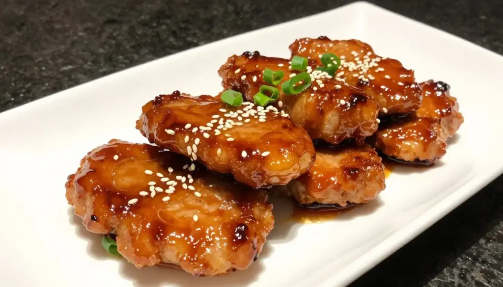 Finished honey garlic pork chops with glossy glaze on a serving platter