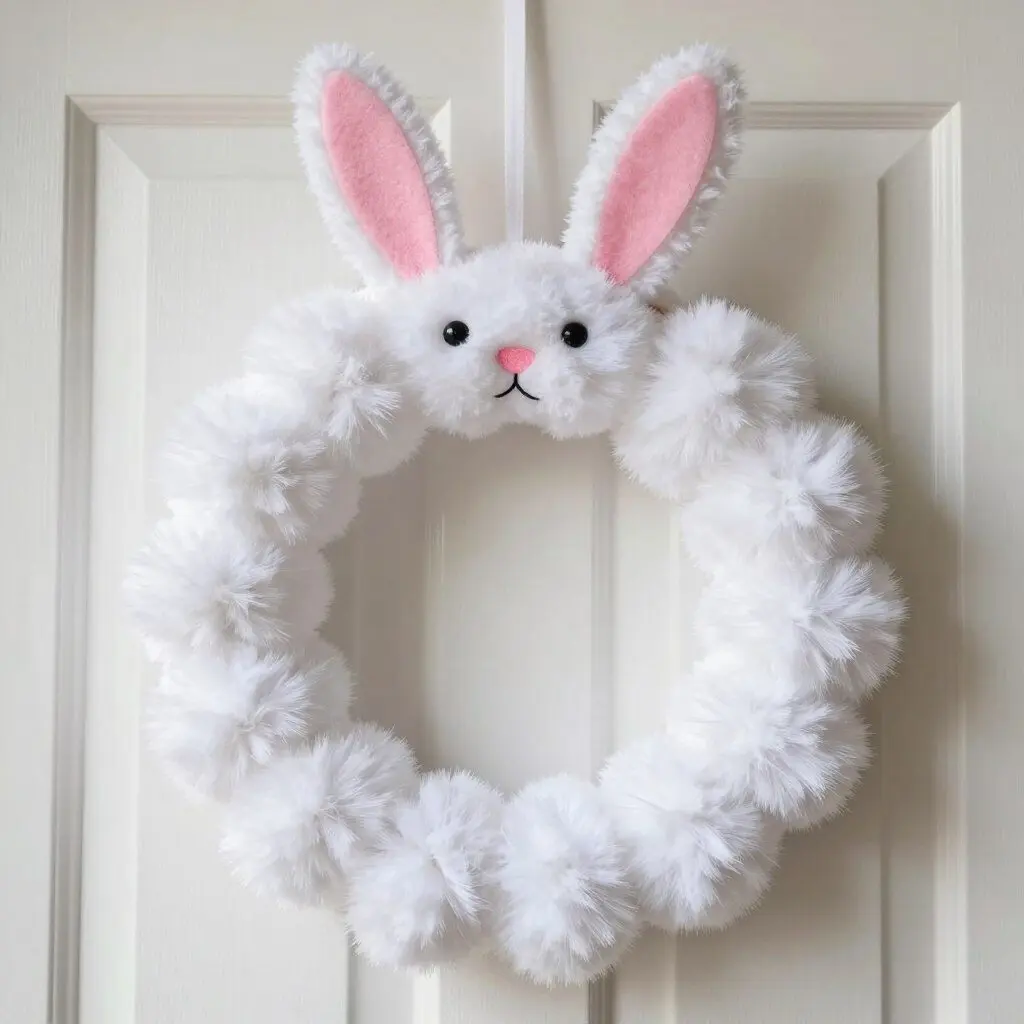 Fluffy white pom-pom wreath shaped like a bunny face with ears on door