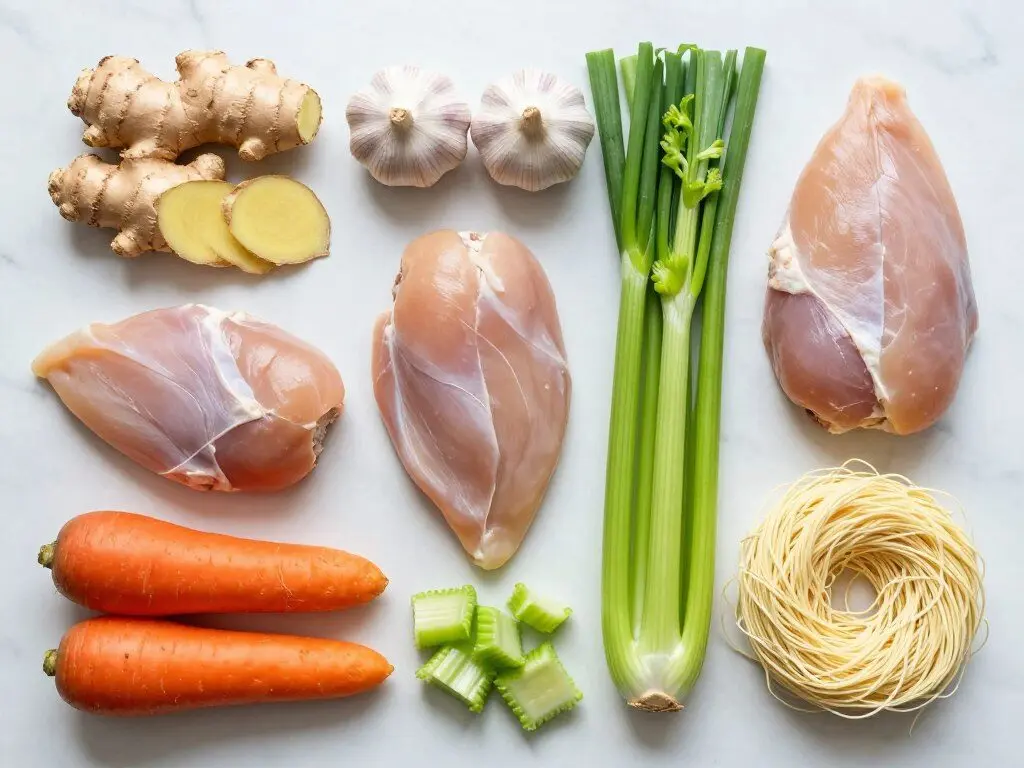 Fresh ginger root and garlic cloves arranged with chicken and vegetables, showing the key ingredients for ginger garlic chicken noodle soup