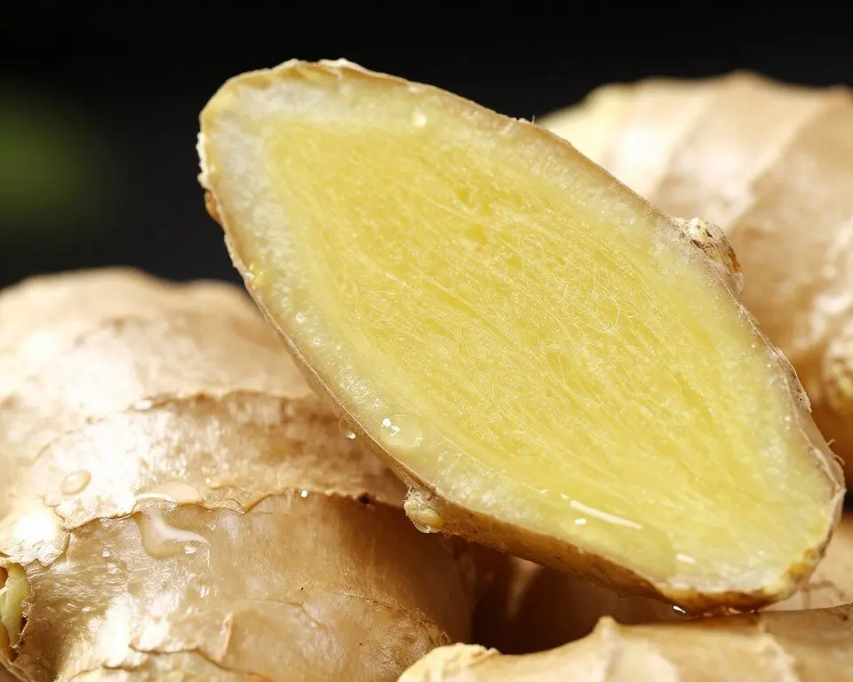 Fresh ginger root sliced showing the fibrous interior texture and golden color characteristic of quality ginger