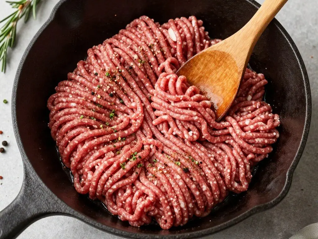 Fresh ground beef in a cast iron skillet ready for cooking