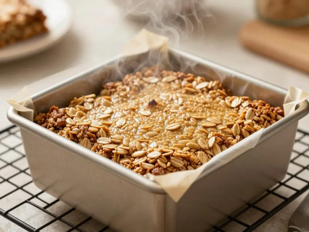Freshly baked toddler oatmeal bars cooling in pan