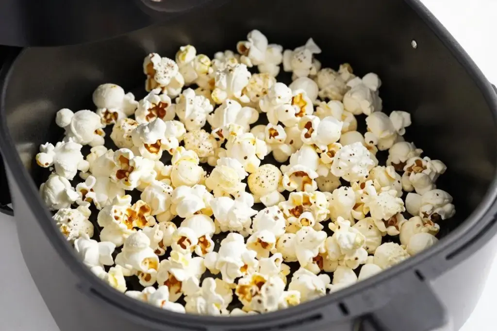 Freshly popped popcorn in air fryer with seasonings