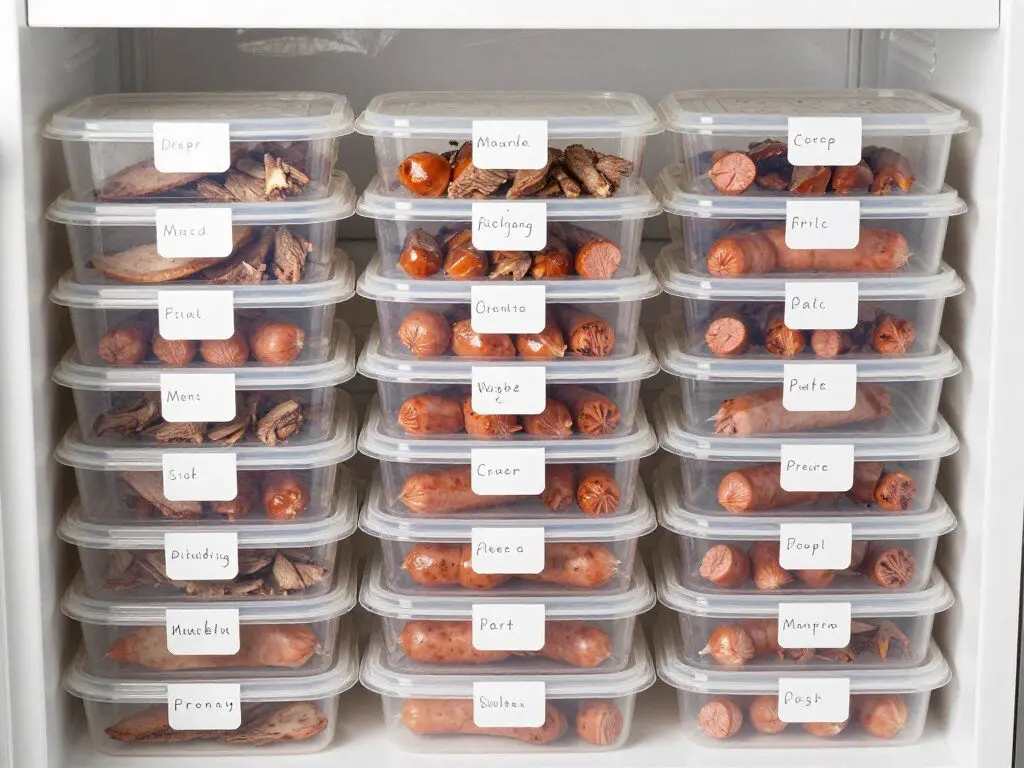 Frozen beef sausage portions in containers