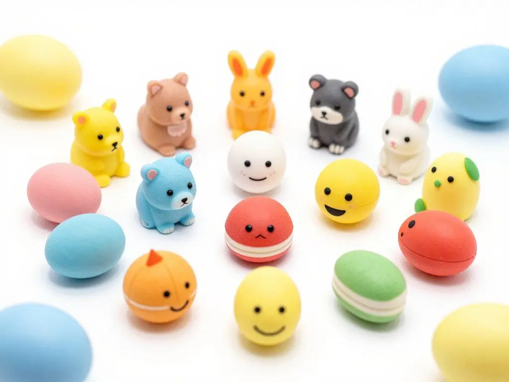 Fun shaped erasers including animals, food, and objects for school supplies
