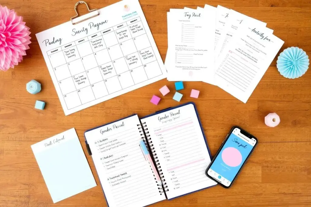 Gender reveal planning setup with calendar, invitation samples, and pink and blue decorations