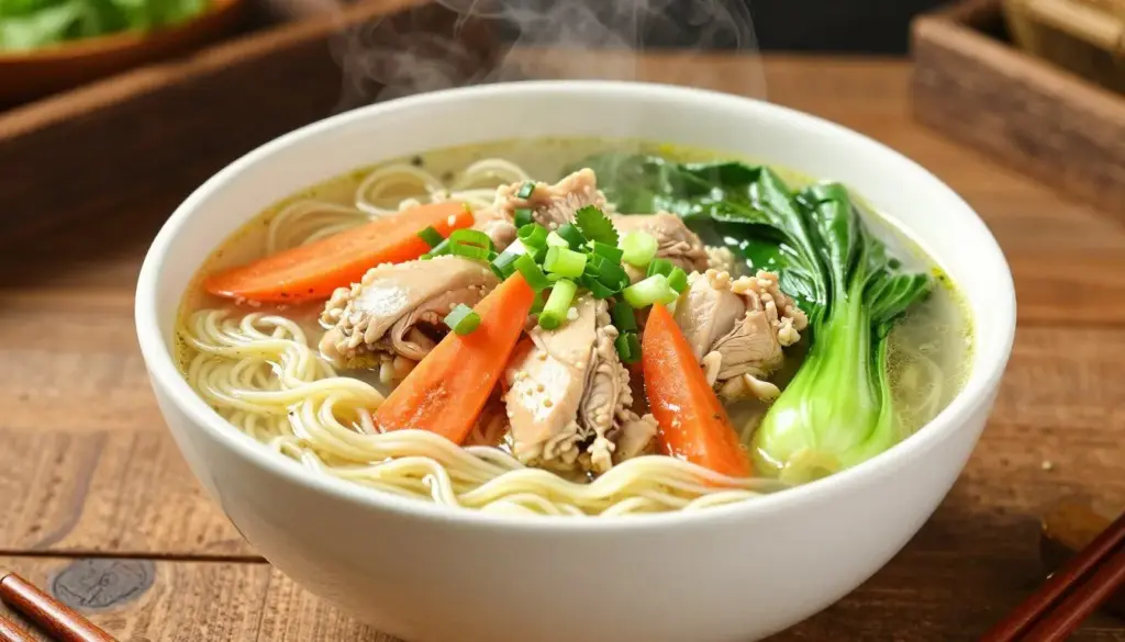 Ginger Garlic Chicken Noodle Soup served in a rustic bowl with steam rising, garnished with fresh green onions and herbs Ginger Garlic Chicken Noodle Soup served in a rustic bowl with steam rising, garnished with fresh green onions and herbs