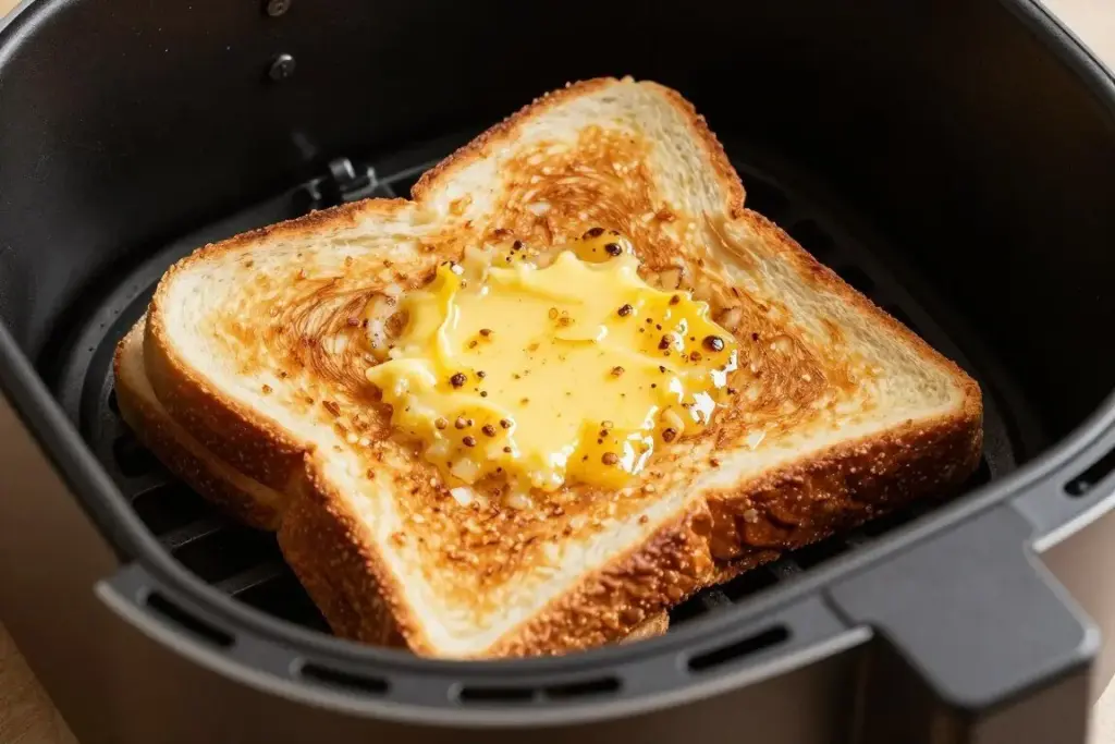 Golden brown Texas toast with melted garlic butter in air fryer