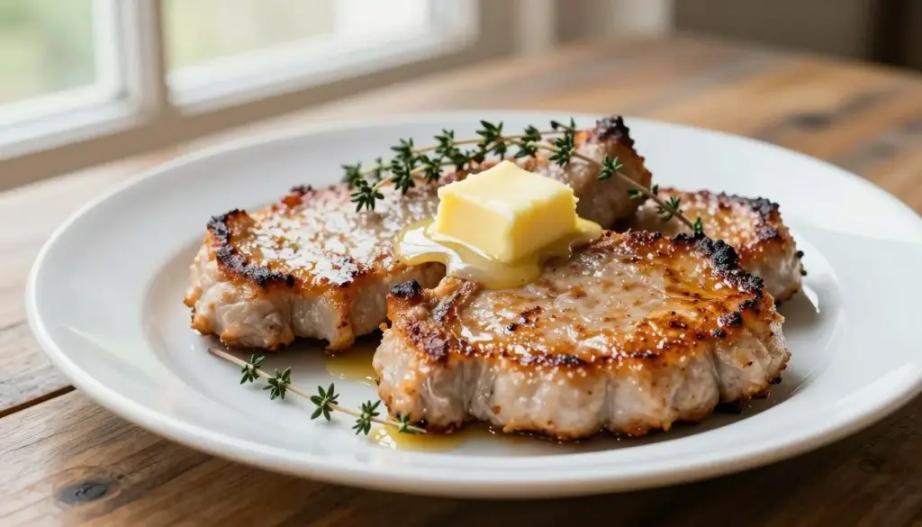 Golden-brown seared pork chops on a white plate with fresh herbs