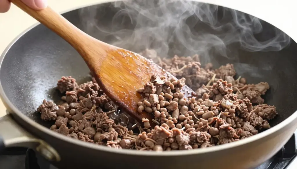 Ground beef being properly browned in skillet