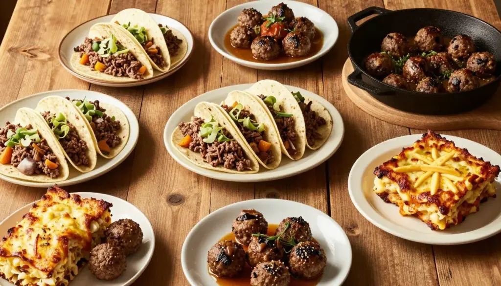 Ground beef recipes displayed in various dishes on a rustic wooden table