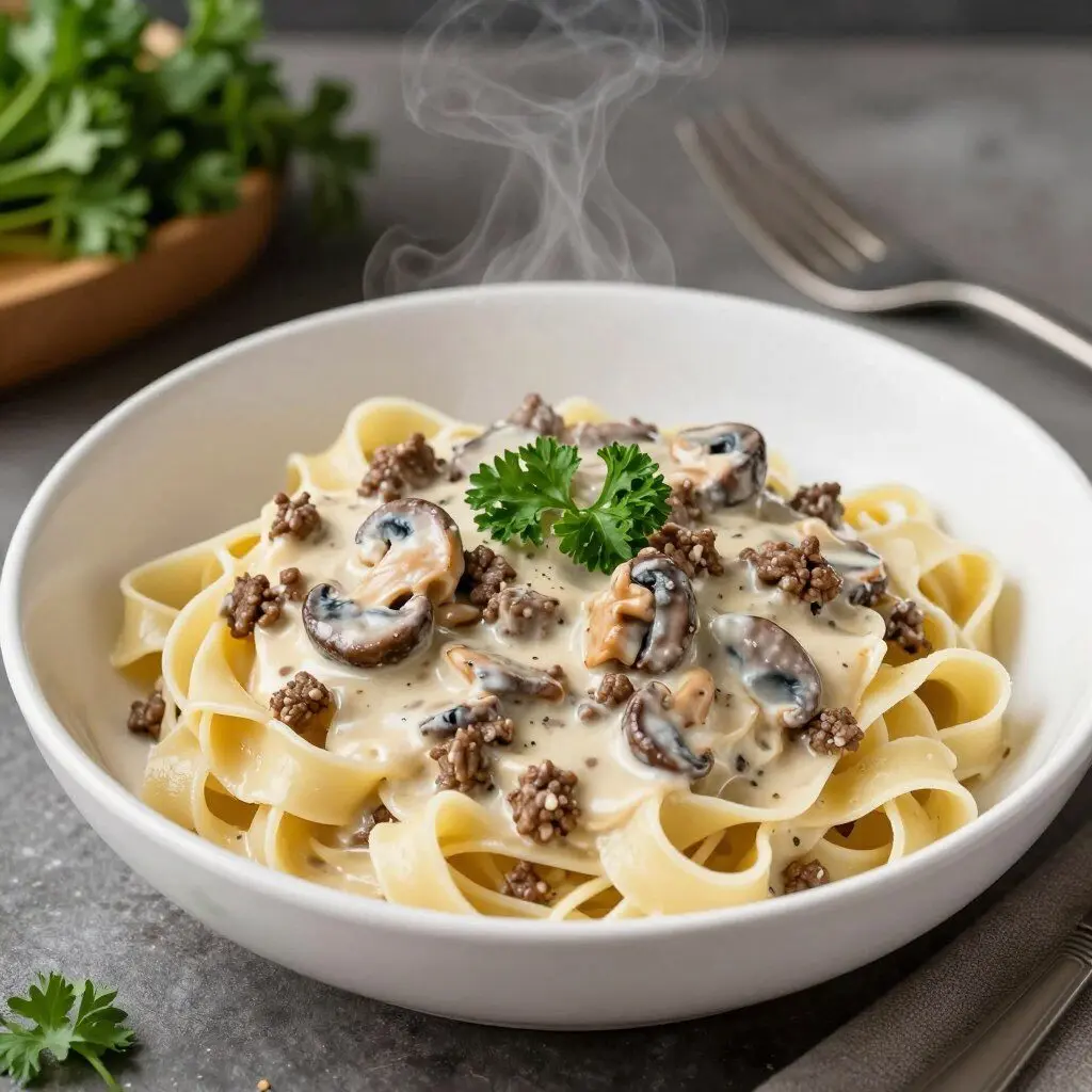 Ground beef stroganoff with egg noodles