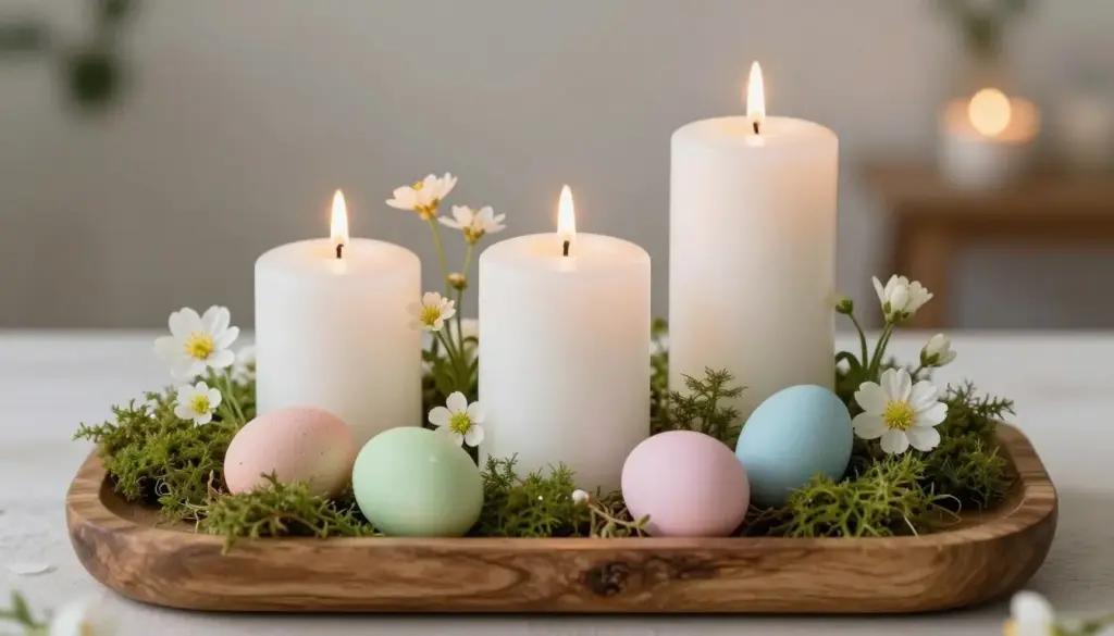 Group of white pillar candles surrounded by Easter eggs and spring flowers on a tray