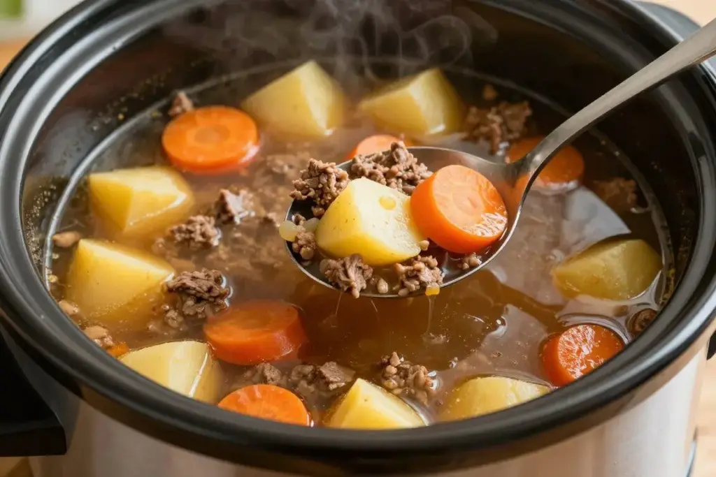 Hamburger soup in slow cooker with ladle