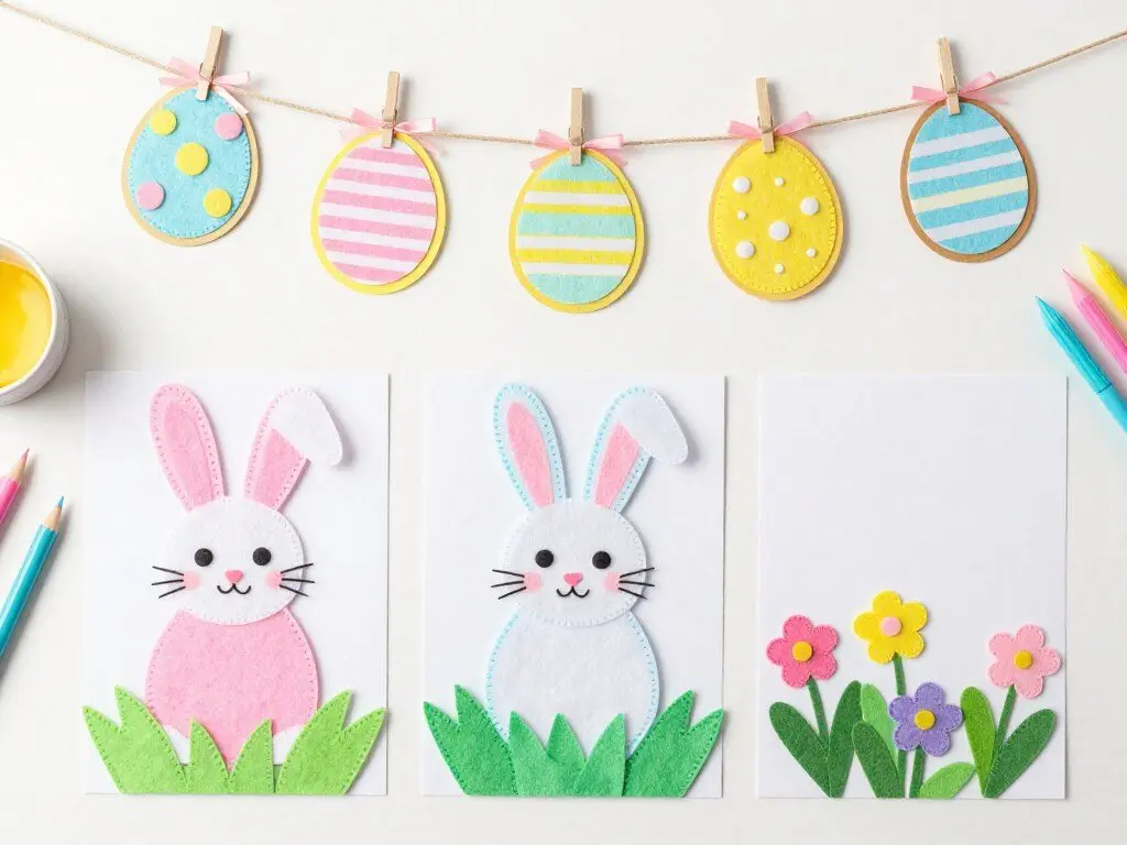Handmade Easter crafts including paper bunnies and egg garlands