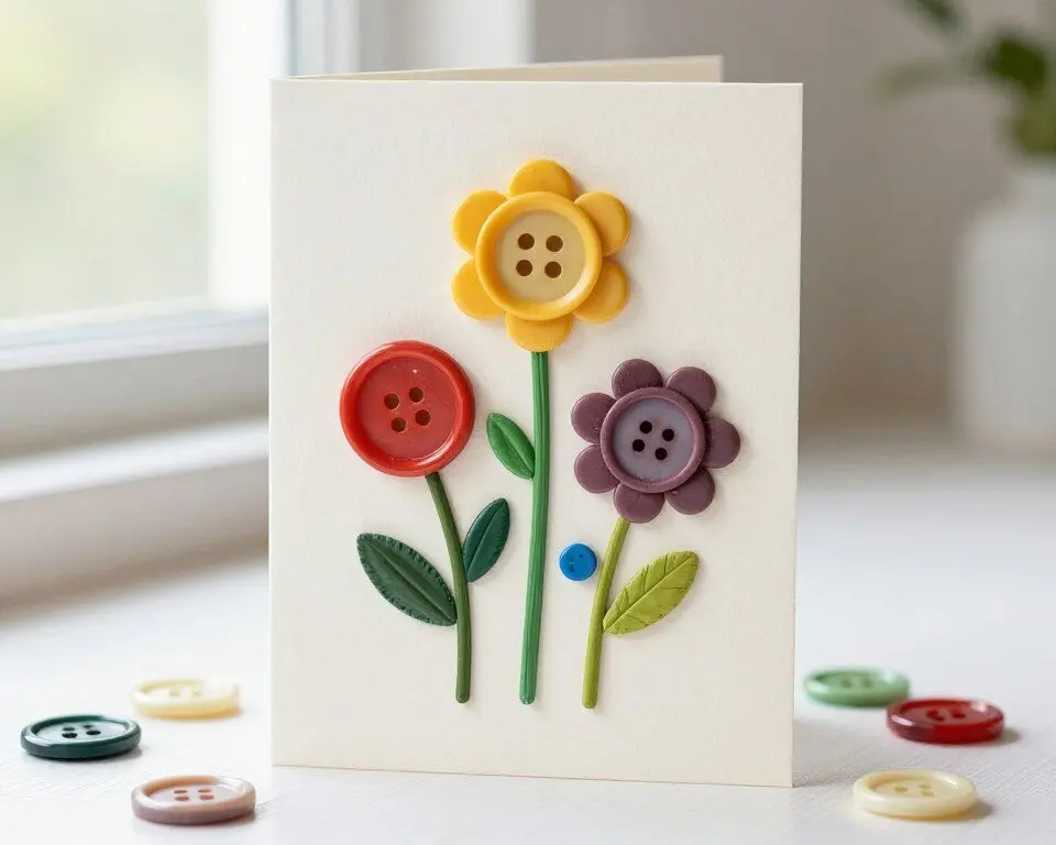 Handmade card with colorful buttons arranged as flowers on painted stems