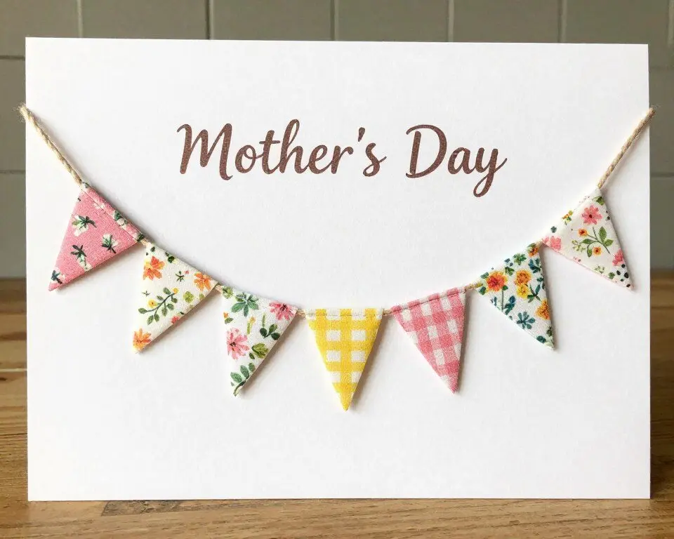 Handmade card with miniature fabric bunting flags across the front