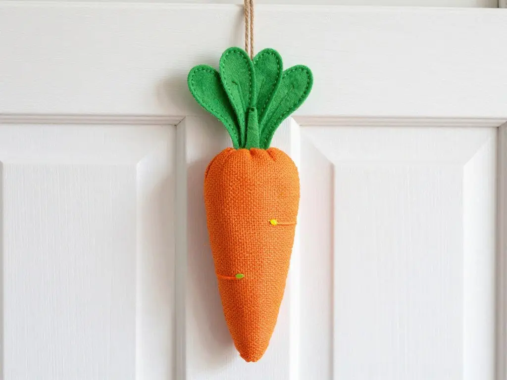Handmade carrot-shaped door decoration made from orange fabric with green felt leaves
