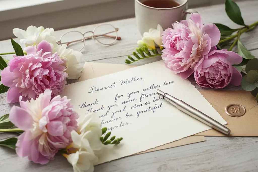 Handwritten letter to mom with flowers