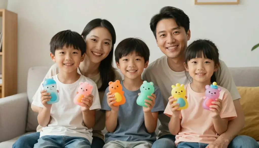 Happy family displaying their collection of handmade squishies