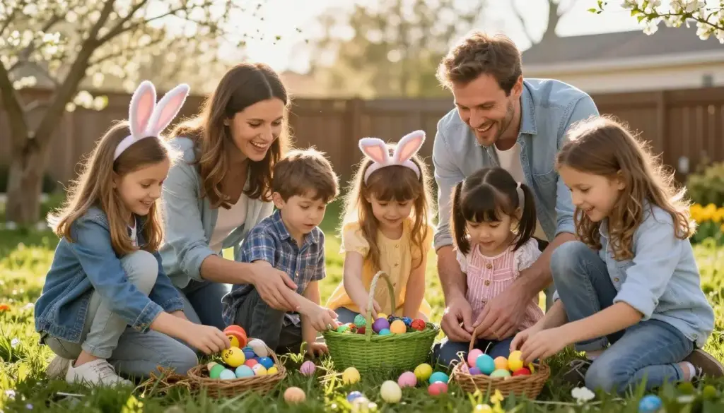 Happy family enjoying Easter egg hunt together in spring garden