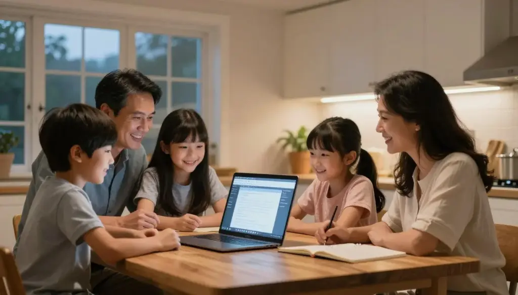 Happy family gathered around laptop exploring educational websites together