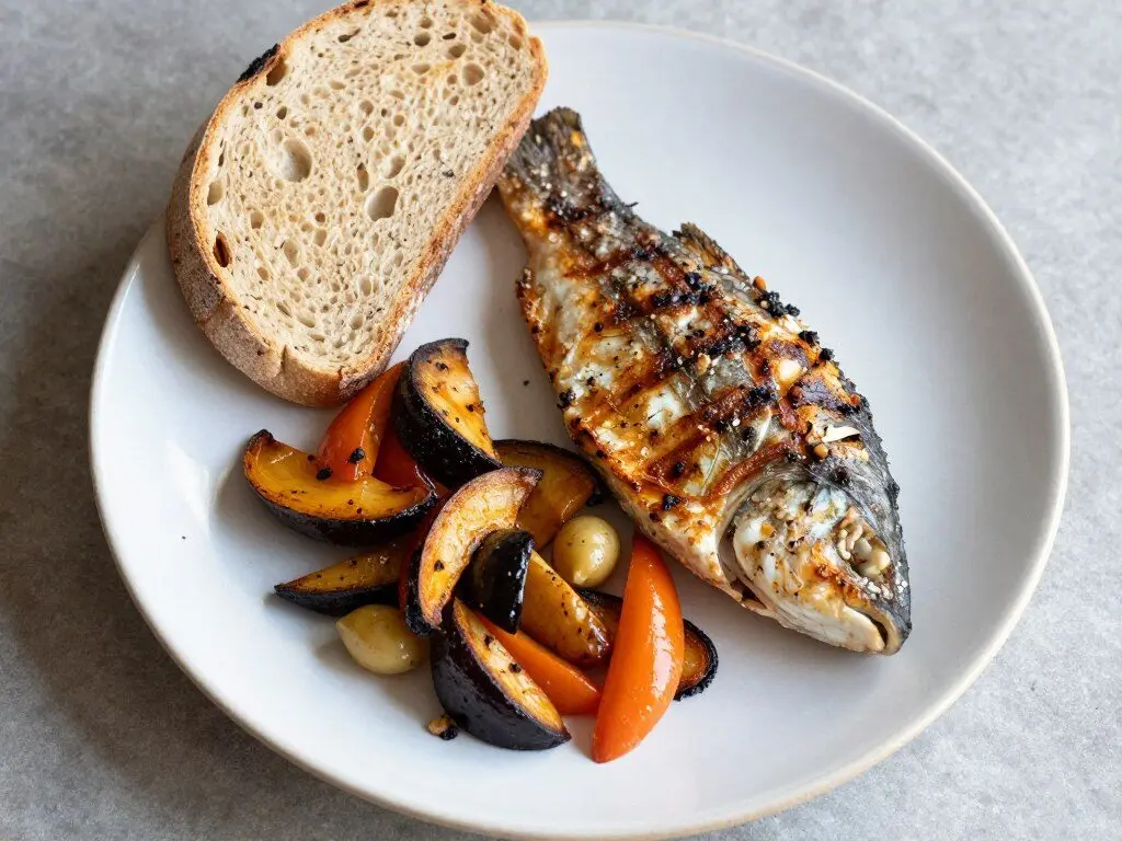Healthy Lent fasting meal with fish, vegetables, and bread showing Catholic abstinence from meat