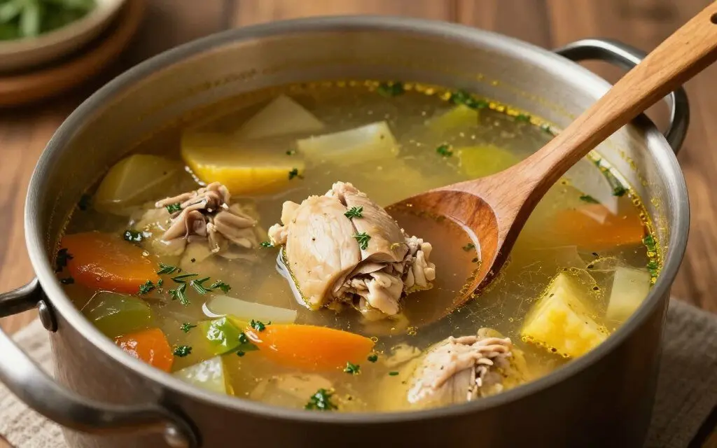 Hearty chicken soup in pot ready for portioning into containers