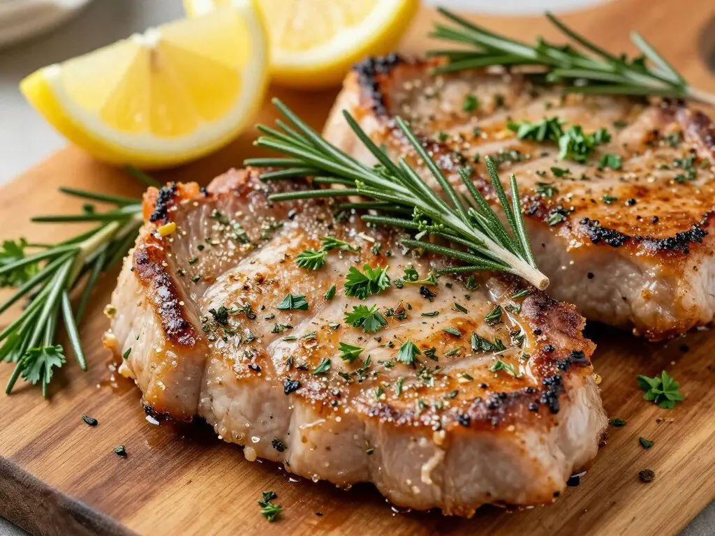 Herb-crusted pork chops with fresh rosemary and thyme coating