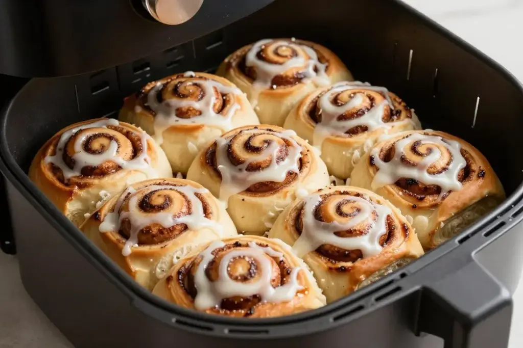Homemade cinnamon rolls with icing in air fryer