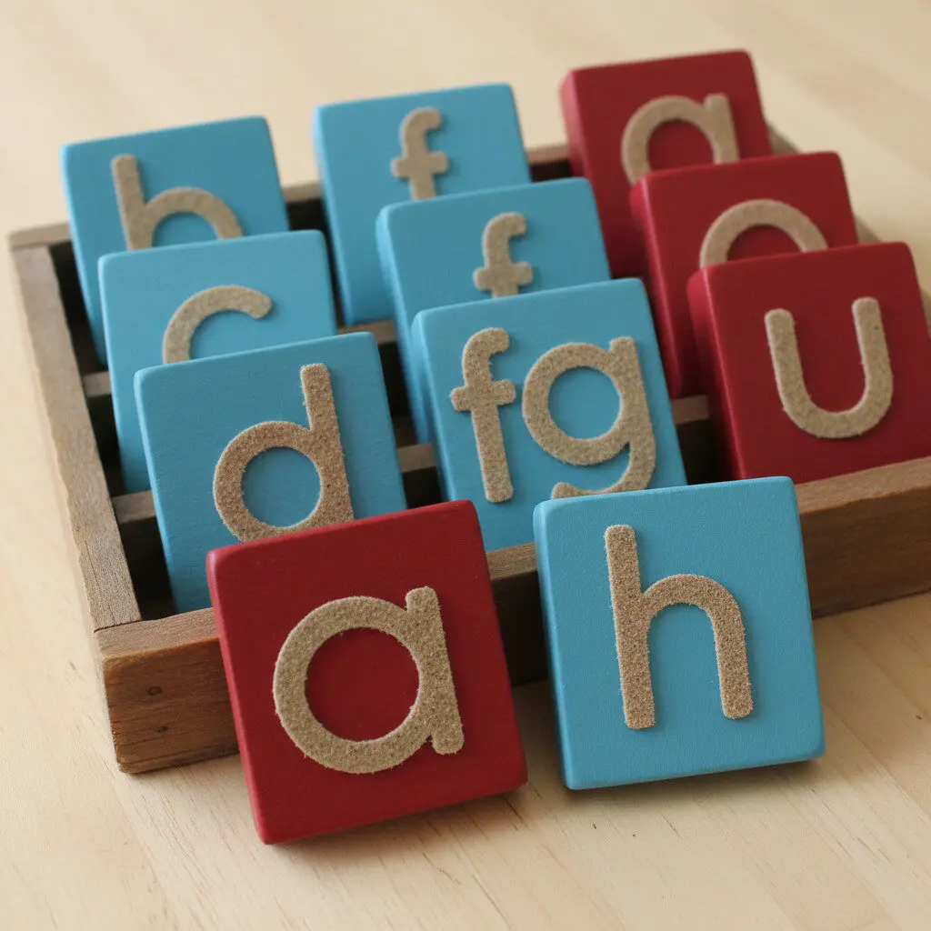 Homemade sandpaper letters on wooden boards