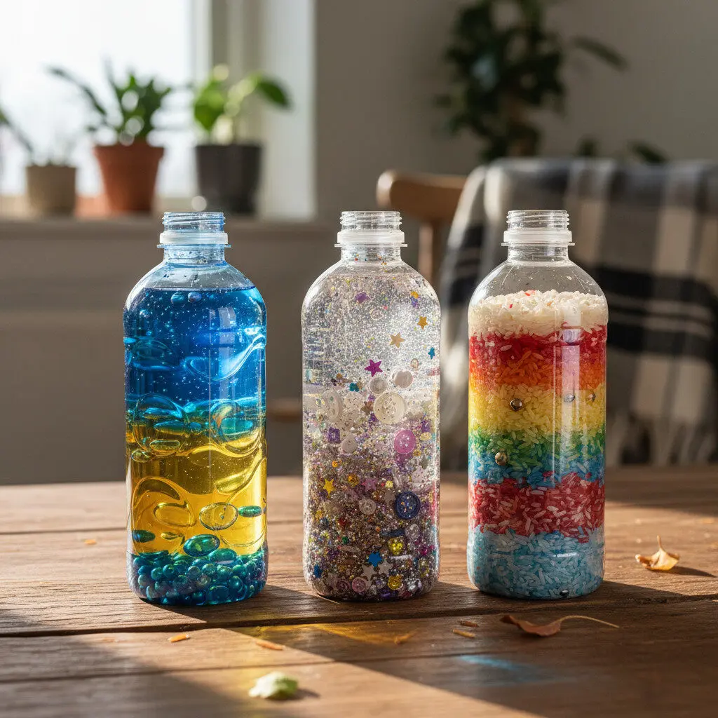 Homemade sensory bottles with different materials inside