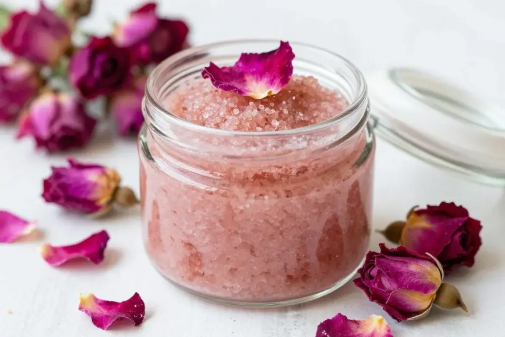Homemade sugar scrub in glass jar