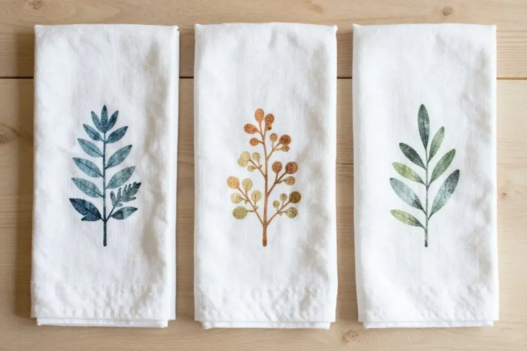 Homemade tea towels with stamped designs
