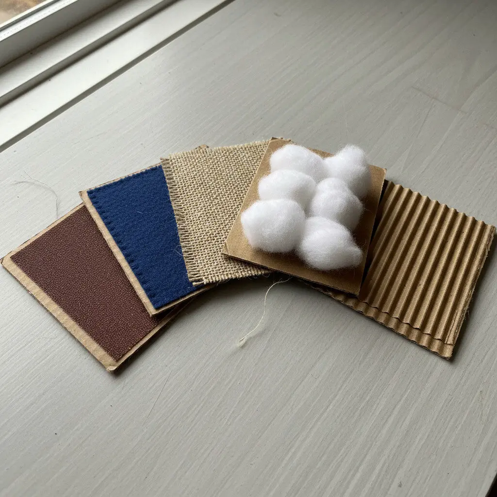 Homemade texture cards made from cardboard and various materials