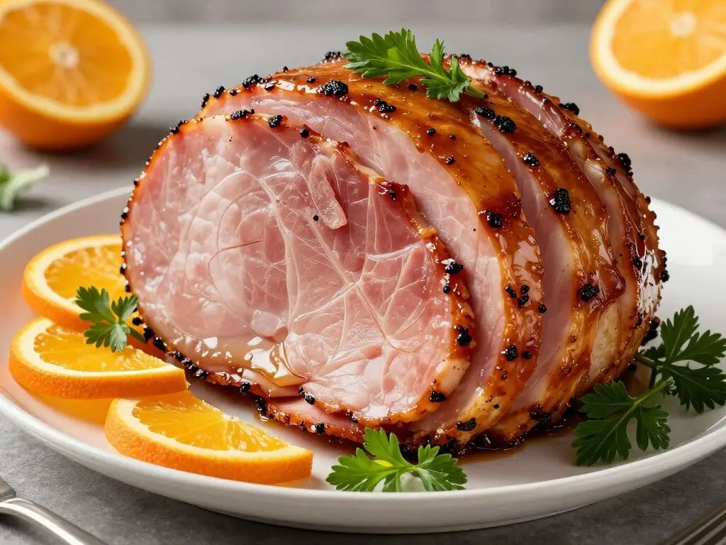 Honey glazed Easter ham on serving platter