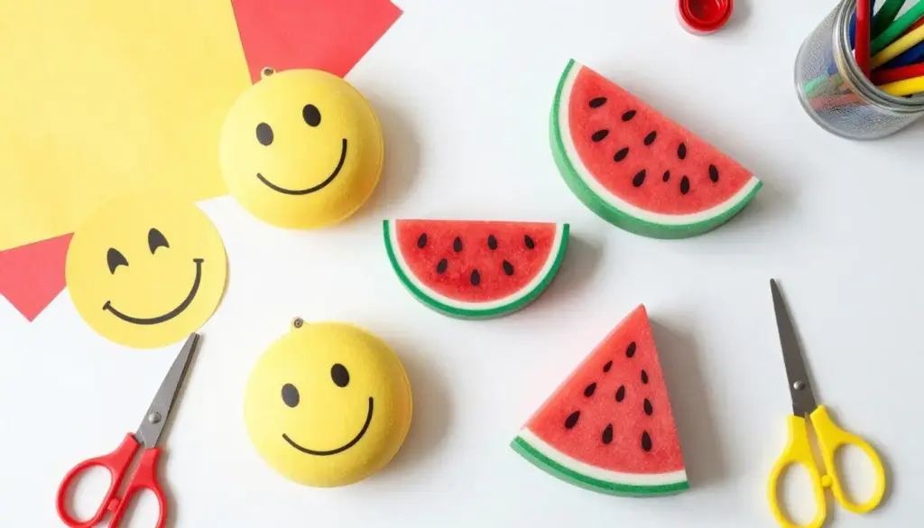 How to make squishies - colorful handmade squishy toys displayed on a craft table