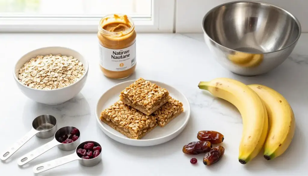 Ingredients for toddler oatmeal bars laid out on counter